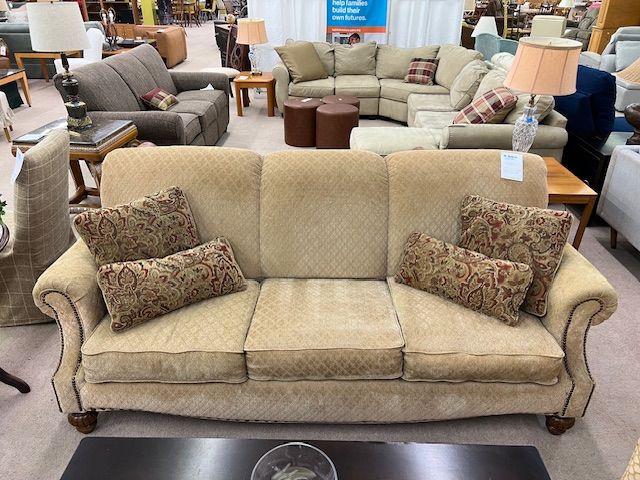 LaZboy England Series Tan Nailhead Chenille Sofa