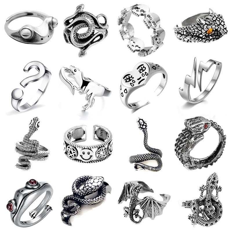Vintage Ancient Silver Color Punk Hip Hop Adjustable Ring For Women Girls Snake Smile Fashion Men Jewelry Frog Boho