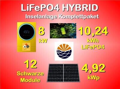 L12 Inselanlage: 12x Module 410W, LiFePO4-Batterien 10,24kWh, Hybrid 8.000W