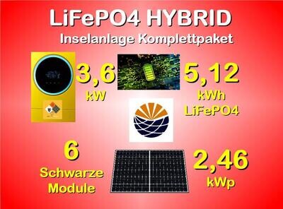 L06 Inselanlage: 6x Module 410Wp, LiFePO4-Batterie 5,12kWh, Hybrid 3.600W