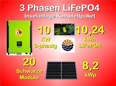 L20 Inselanlage: 20x Module 410W, LiFePO4-Batterien 10,24kWh, Hybrid 3-Phasig 10.000W