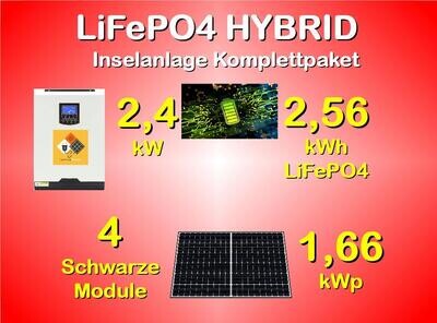 L04 Inselanlage: 4x Module 415Wp, LiFePO4-Batterie 2,56kWh, Hybrid 2,4kW