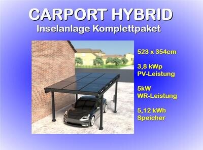 Solar Carport mit L09 Inselanlage: 9x Module 425Wp, LiFePO4-Batterien 5,12kWh, Hybrid 5kW