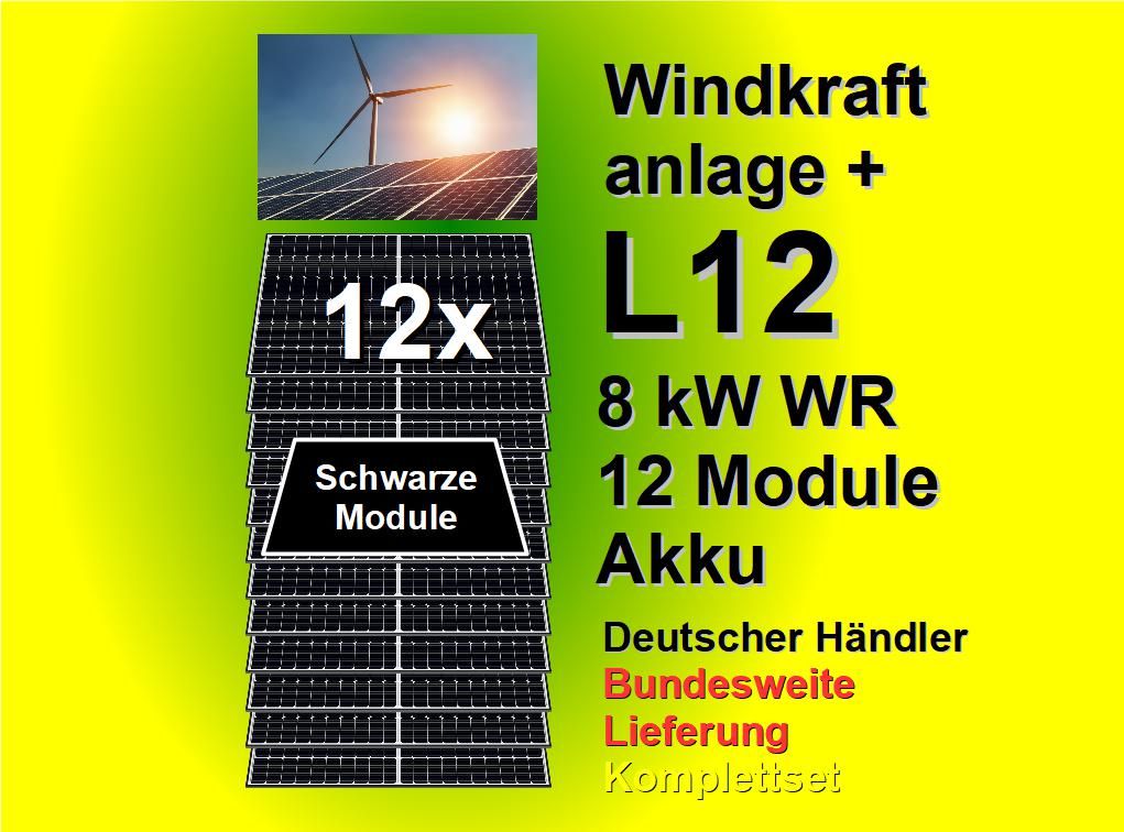 Windkraftanlage + L12 Inselanlage: 12x Module 440W, LiFePO4-Batterien 10,24kWh, Hybrid 8.000W