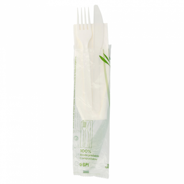 SET COLETELLO, FORCHETTA, TOVAGLIOLO 18 CM BIANCO CPLA (500 UNITÀ) SET COLETELLO, FORCHETTA, TOVAGLIOLO 18 CM BIANCO CPLA (500 UNITÀ)