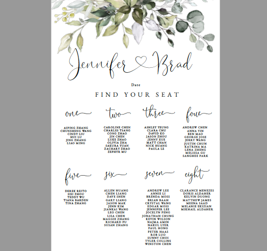 Wedding seating chart (white and green)