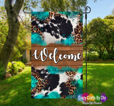 Turquoise Cowhide Leopard Wood Welcome Garden Flag
