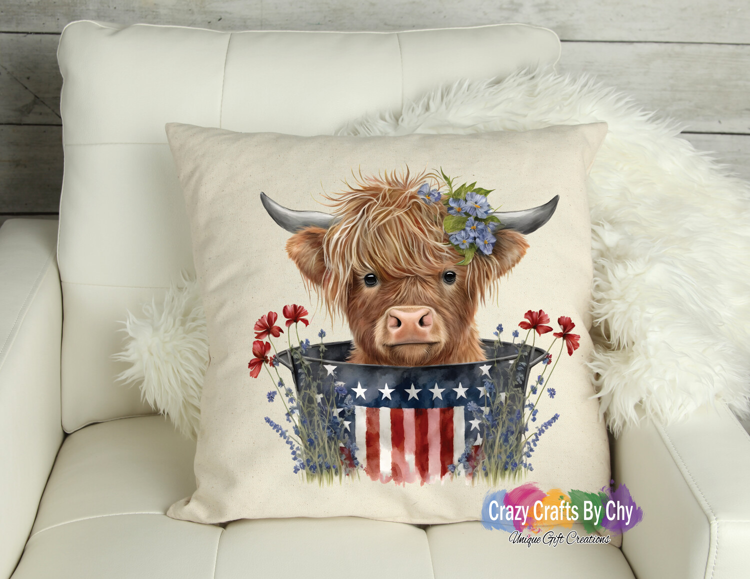 Patriotic Highland Cow Pillow
