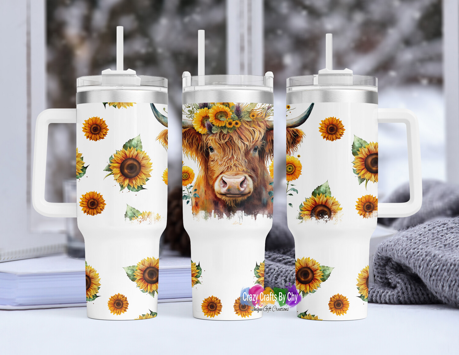 40 oz Highland cow sunflower