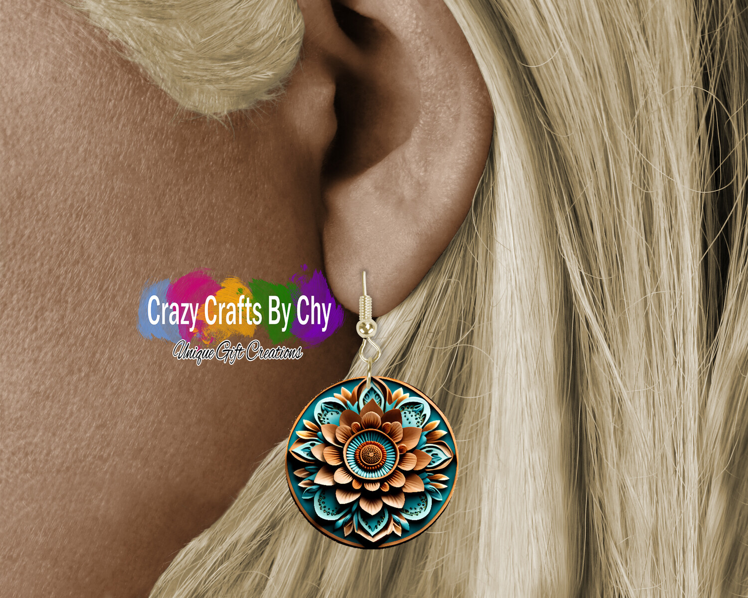 1.5 Round Teal &amp; Brown Flower Earrings