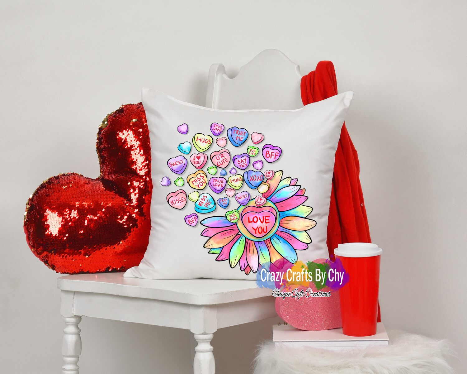 Daisy Candy Heart Valentines Pillow