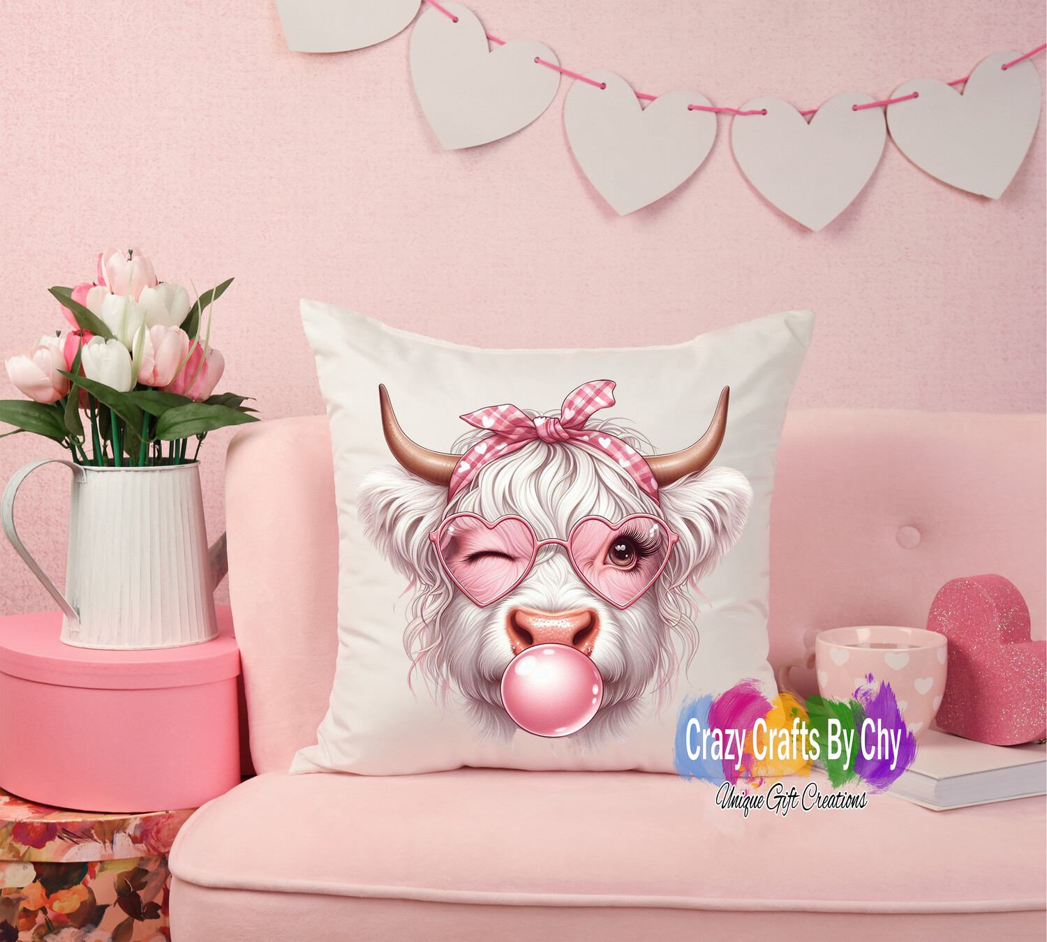 Sassy White Winking Highland Valentine Cow Pillow