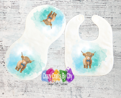 Boy Highland Cow Bib &amp; Burp Cloth SET