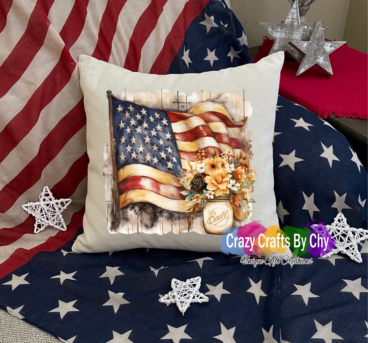 Vintage Flag with Mason Jar Pillow