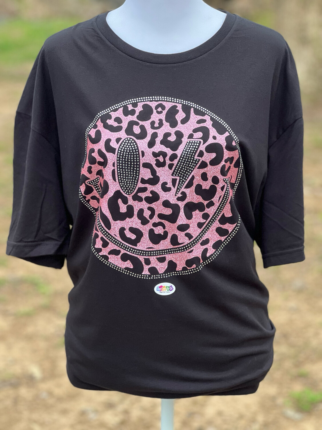 Pink Cheetah Rhinestone Smiley Face T-Shirt