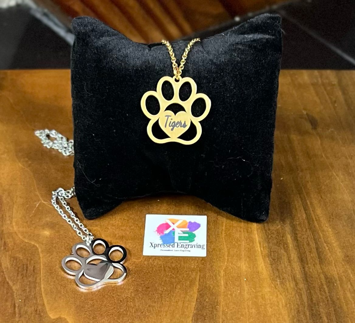 Engraved Paw Print Heart Necklace