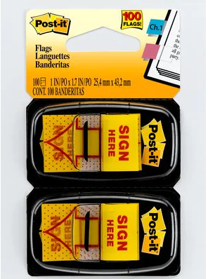 3M Post-it® Message Flags, &quot;Sign Here&quot;, Yellow, 1 in Wide, 50/Dispenser, 2/Pack
