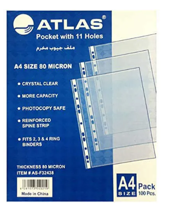 Atlas A4 Size Transparent Pockets, Polypropylene, 100&#39;s Pack