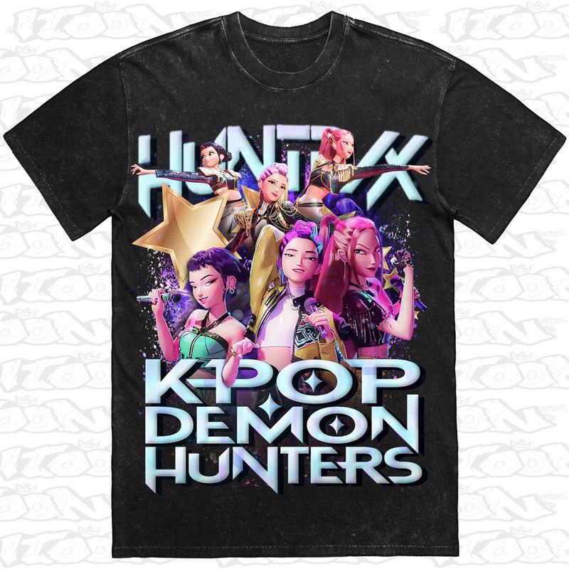 Huntrx Kpop Demon Hunters artwork printed on AS Colour Heavy Stone Tee (front view)
