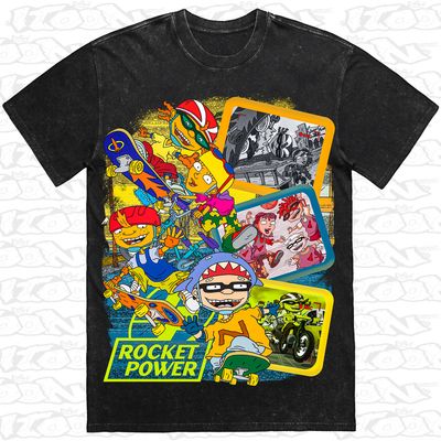 Rocket Power artwork printed on AS Colour Heavy Stone Tee (front view)
