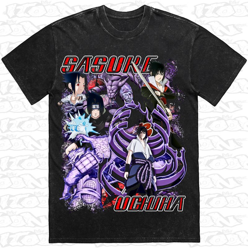 Sasuke Uchiha artwork printed on AS Colour Heavy Stone Tee (front view)
