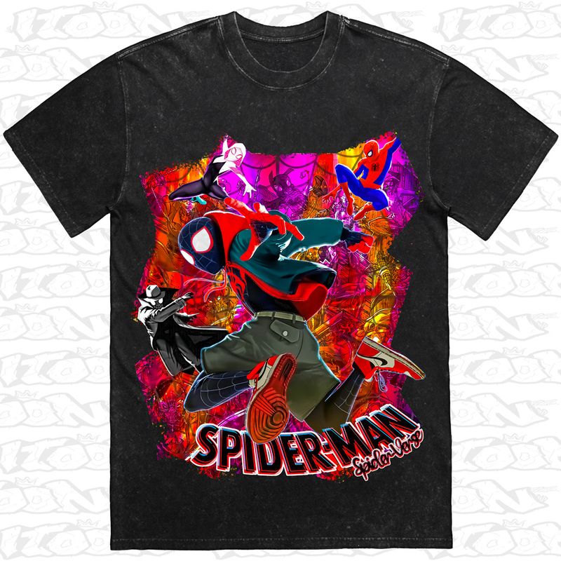 Spider-Man Spider-Verse artwork printed on AS Colour Heavy Stone Tee (front view)
