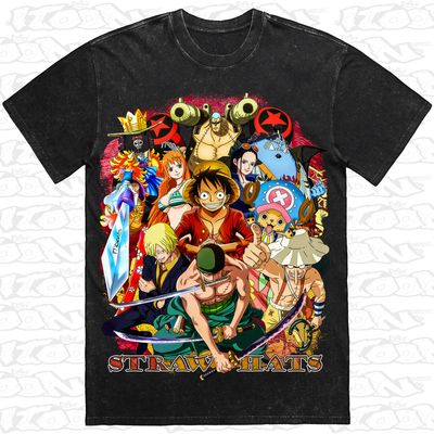 Straw Hats crew artwork printed on AS Colour Heavy Stone Tee (front view)
