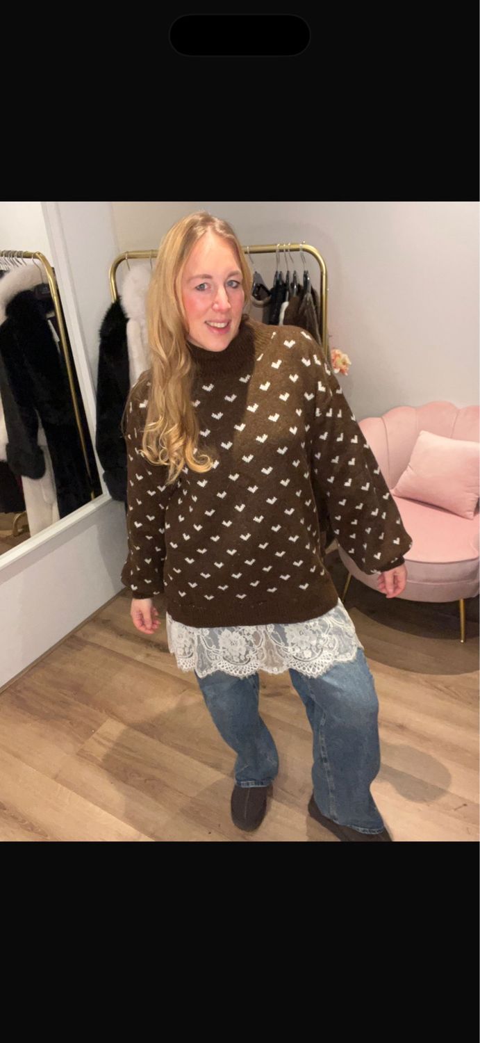 Lace heart sweater bruin