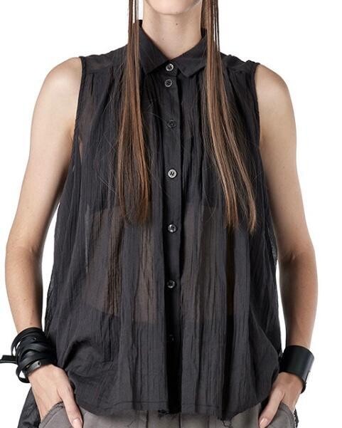 Women’s Sleeveless Crinkled Button-Up Shirt – Casual Chic &amp; Lightweight