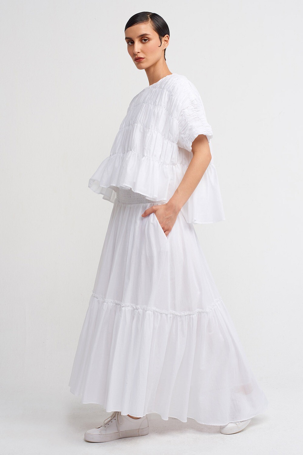 Ruched White Textured Peplum Blouse – Elegant Feminine Top