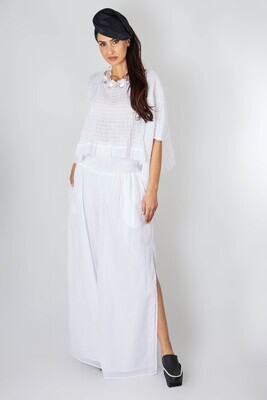 White Ruched Peplum Blouse &amp; Flowy Maxi Skirt Set – Elegant Two-Piece