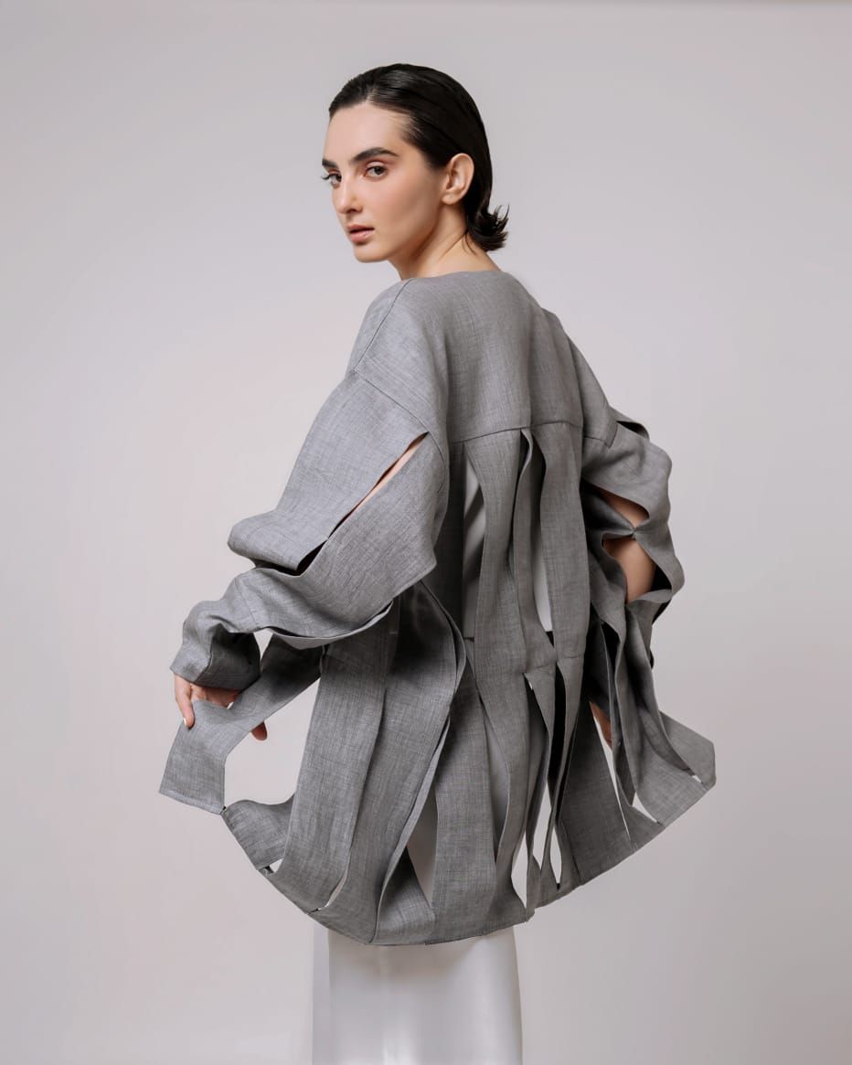 Slashed Structured Jacket – Edgy Tailored Outerwear for Women, Color: Grey, Size: One Size