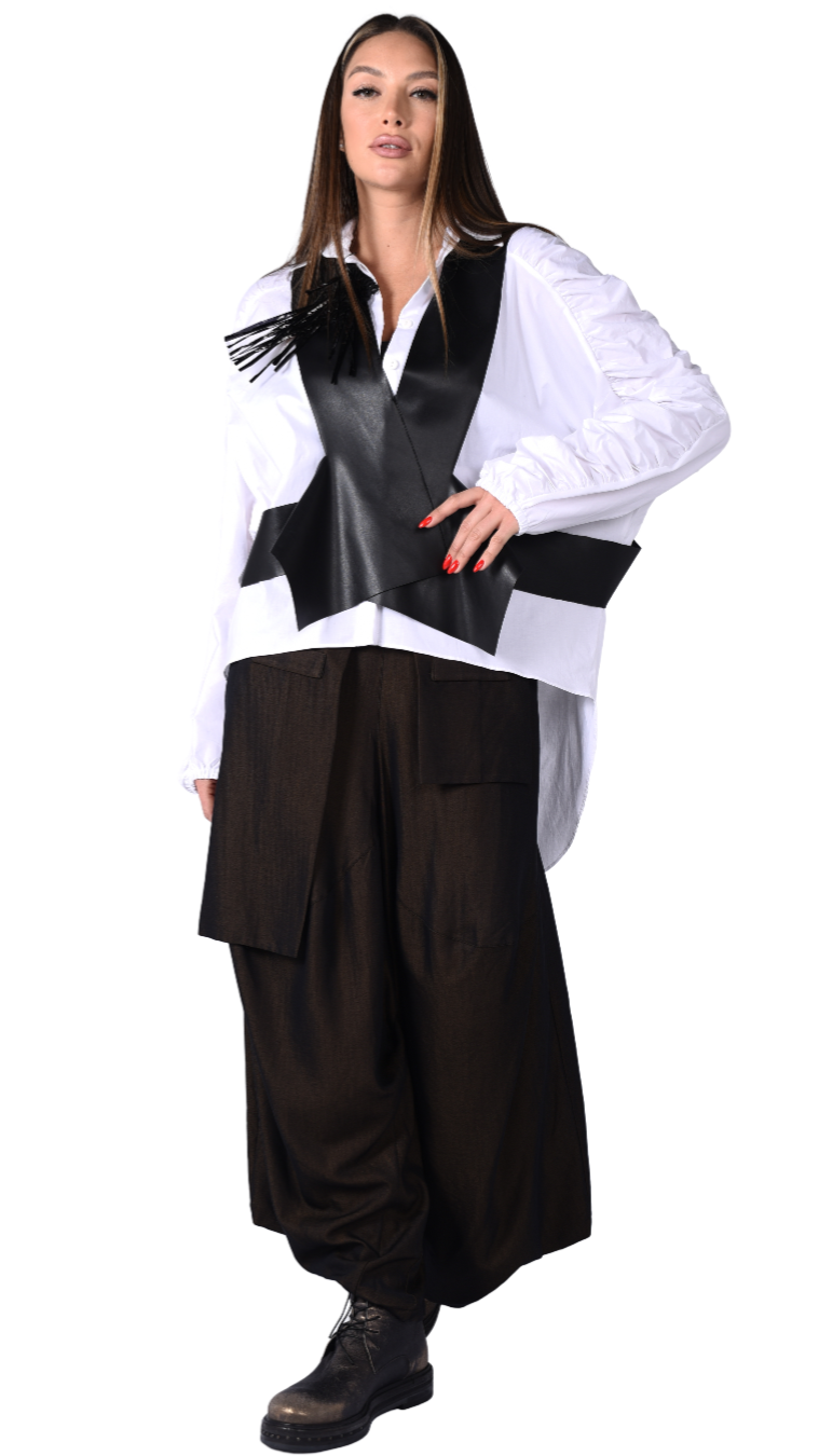 White Ruched Sleeve Button-Up Shirt – Elegant Contemporary Classic