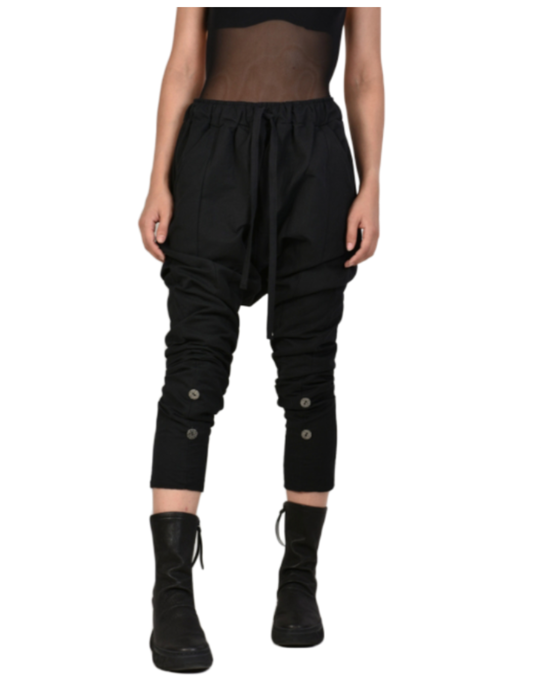 Buttoned Drop-Crotch Tapered Pants – Bold Comfort with an Edge