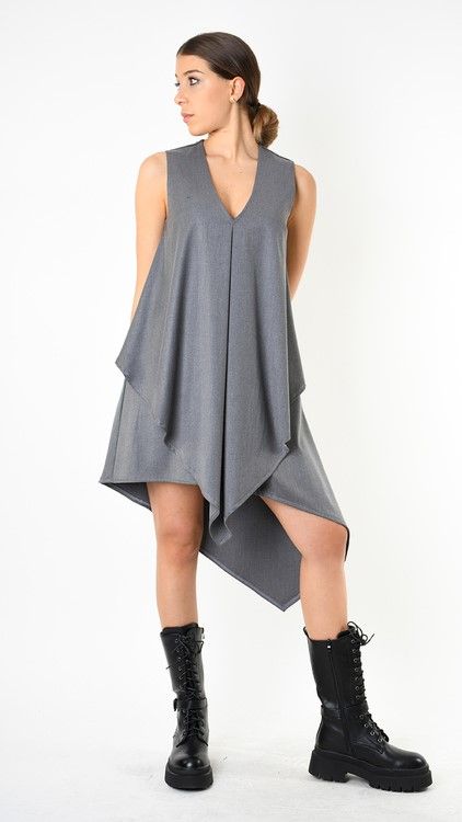 Asymmetric V-Neck Sleeveless Tunic Dress – Flowy Modern Silhouette