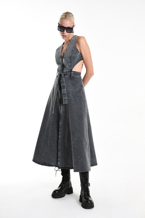 Distressed Denim Cutout Maxi Dress – Edgy Urban Streetwear
