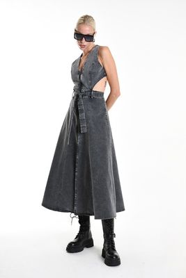 Distressed Denim Cutout Maxi Dress – Edgy Urban Streetwear Distressed Denim Cutout Maxi Dress – Edgy Urban Streetwear