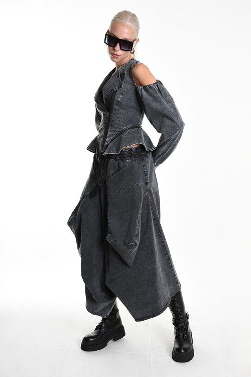 Distressed Cold-Shoulder Denim Jacket