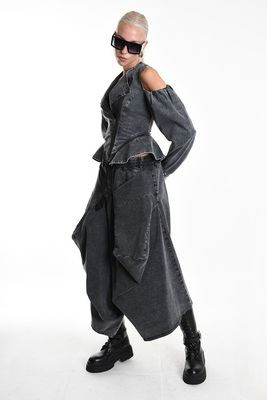 Distressed Cold-Shoulder Denim Jacket