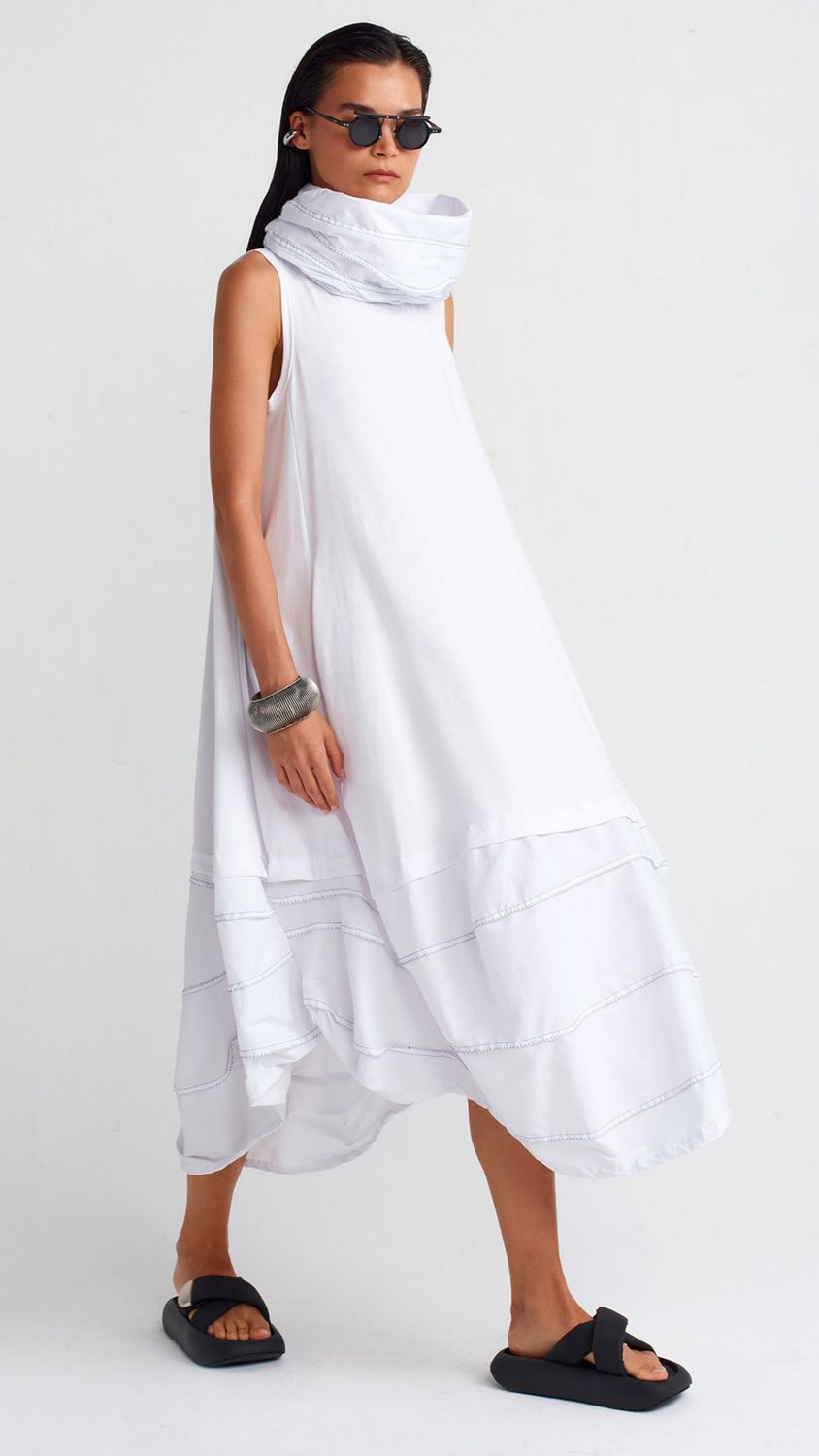 Avant-Garde Layered Dress with Sculptural Collar