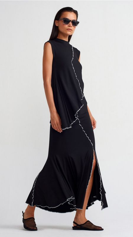 Asymmetrical Black Sleeveless Top and Flared Skirt Set