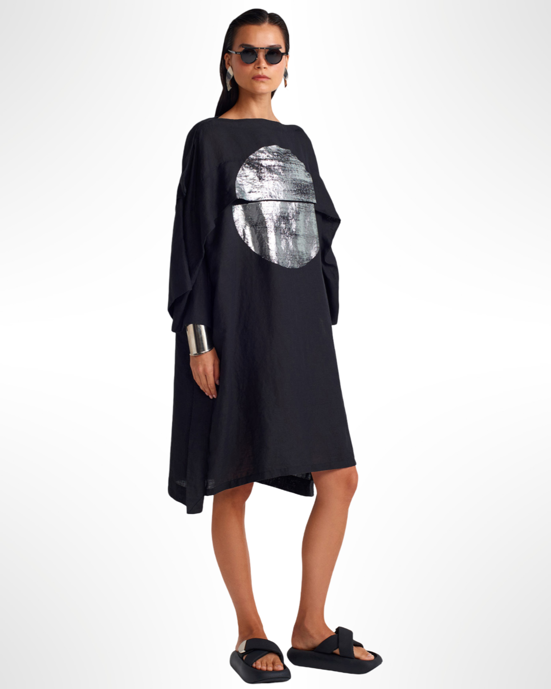 Draped Midi Dress – Metallic Silver Accent Minimalist Style