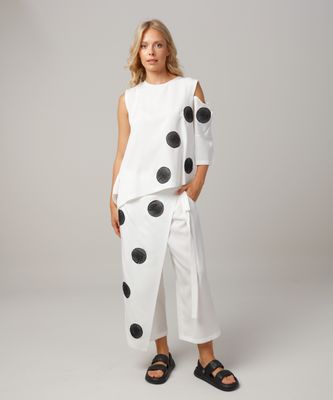 White Wide-Leg Pants with Black Embroidered Circles