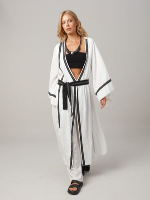 Chic White Kimono Robe with Black Trim and Belt