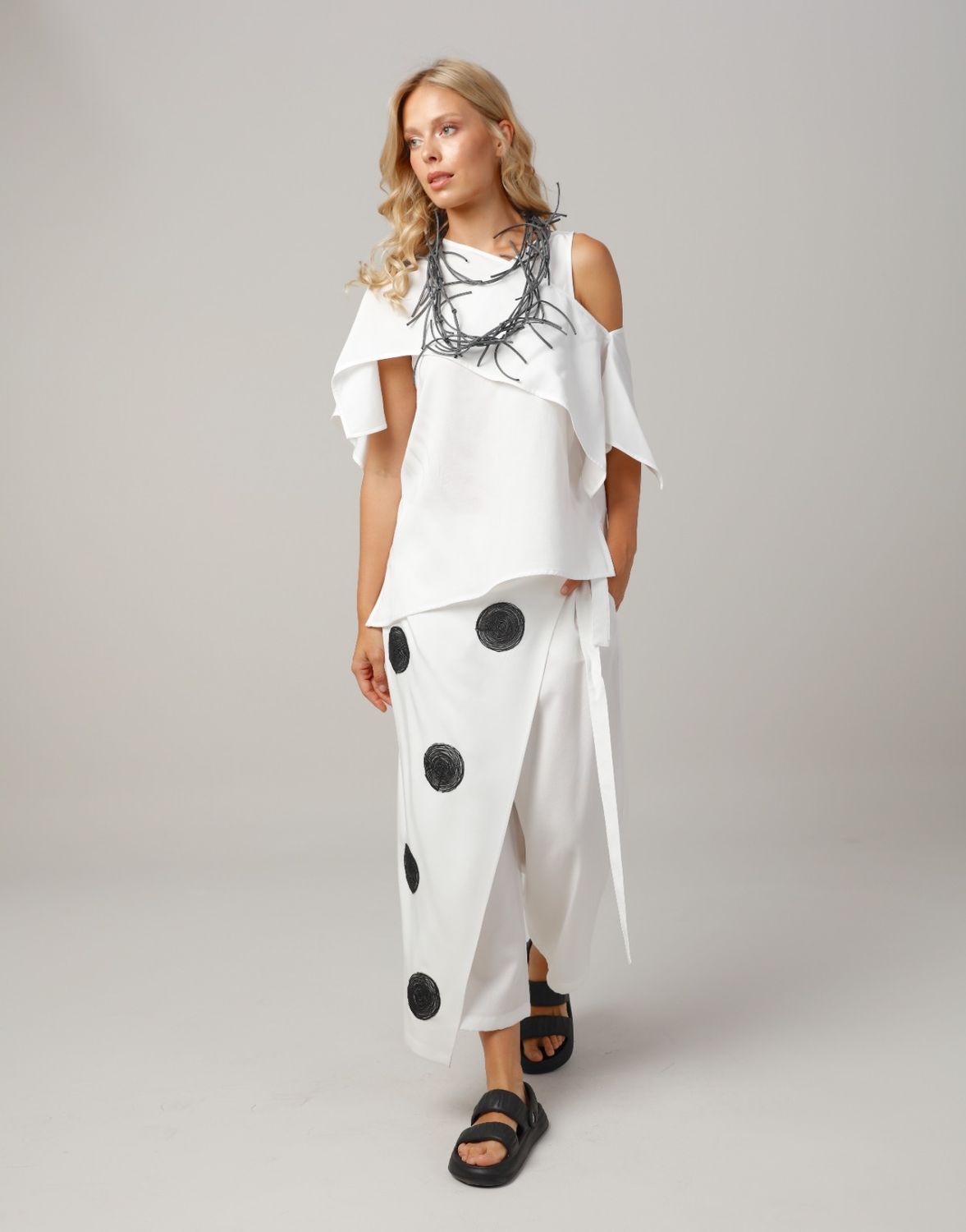 Asymmetrical Draped Cold-Shoulder Blouse