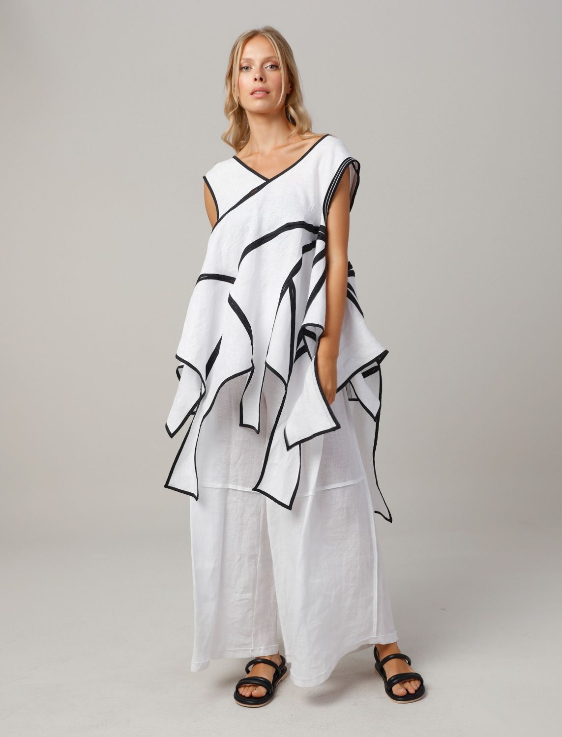 White V-Neck Draped Tunic with Bold Black Contrast Trim
