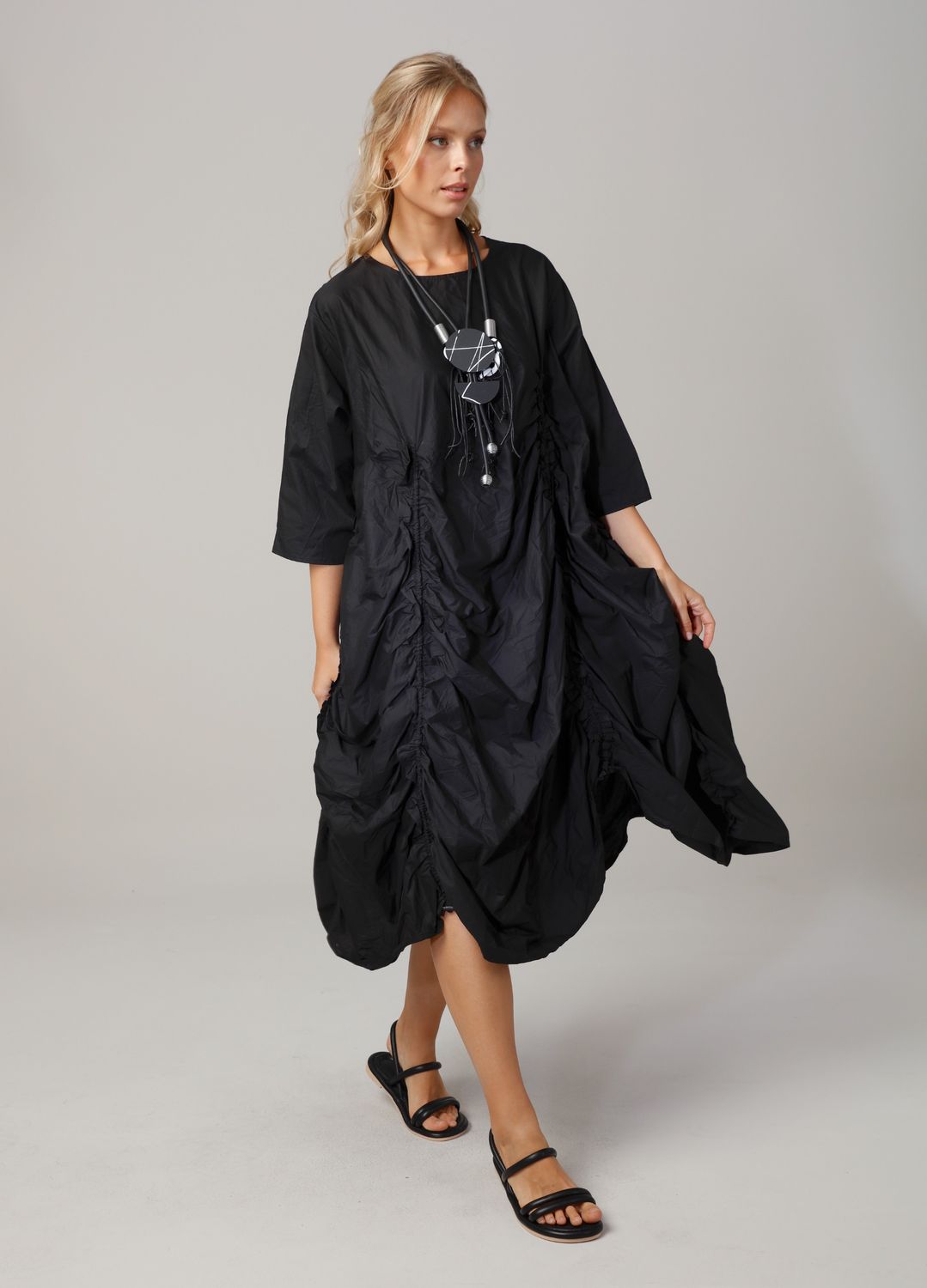Black Sculptural Ruched Midi Dress with Kimono Sleeves
