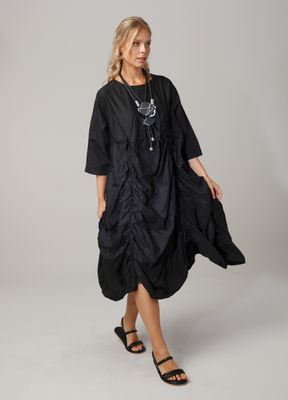 Black Sculptural Ruched Midi Dress with Kimono Sleeves