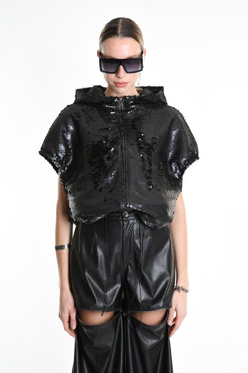 Black Sequin Hooded Jacket – Cropped Avant-Garde Designer Zip Top