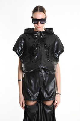 Black Sequin Hooded Jacket – Cropped Avant-Garde Designer Zip Top